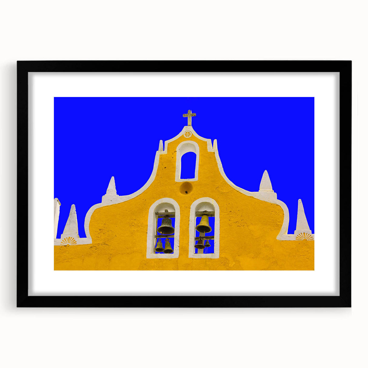 Extra large, textured abstract art print of a colorful Yucatan scenery on a framed black mat, ideal for living room decor.