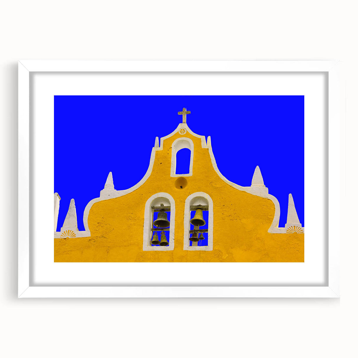 Abstract art print of Yucatan scenery in muted earth tones on a framed white mat, ideal for dining room decor.