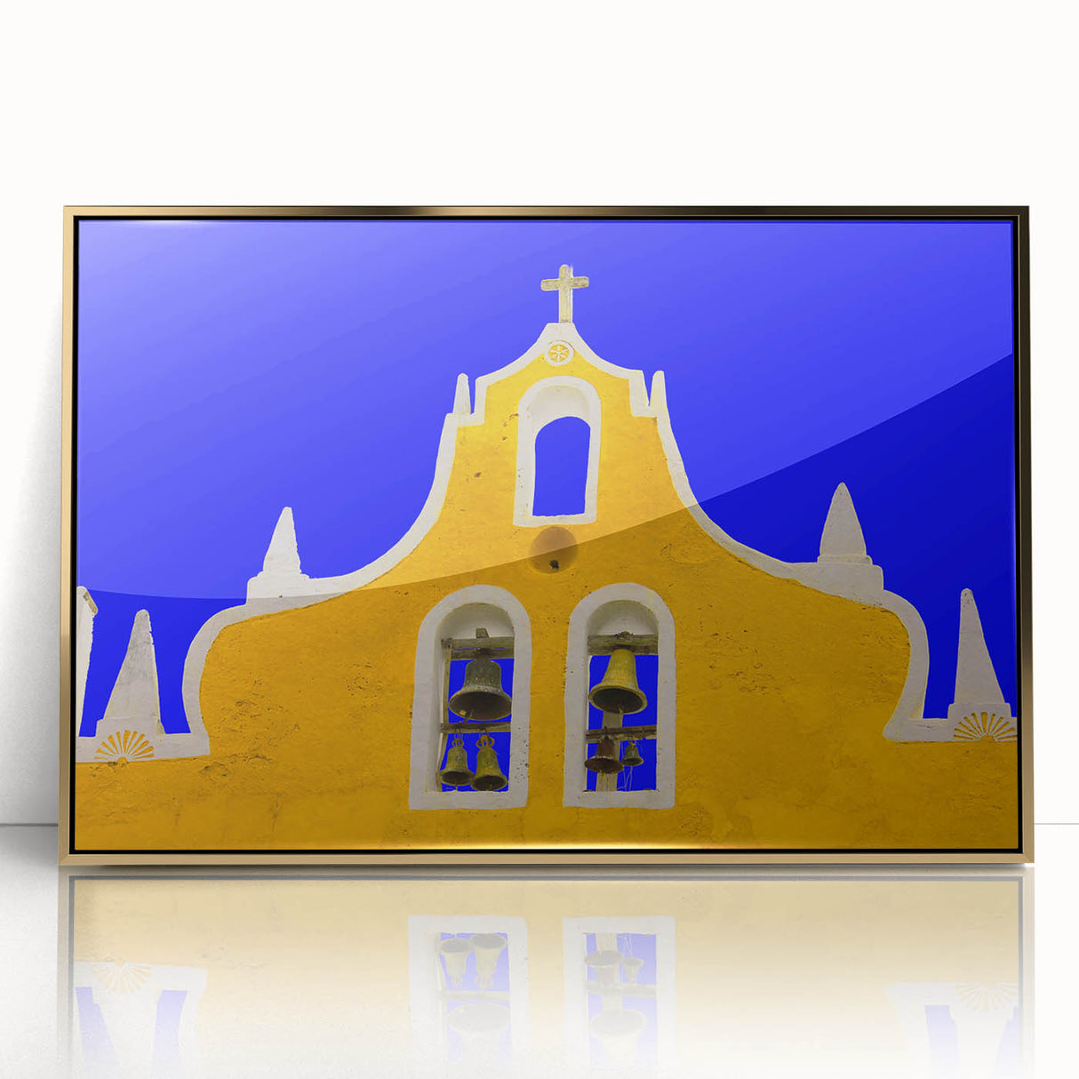 Acrylic print of Yucatán scenery with gold frame, featuring mid-century modernist style, ideal for nursery wall art.