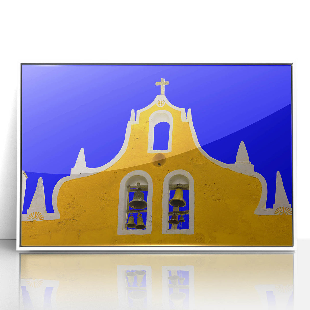 Art deco poster of Yucatan scenery in muted green and blue tones, acrylic print in a white frame, ideal for nursery wall art.