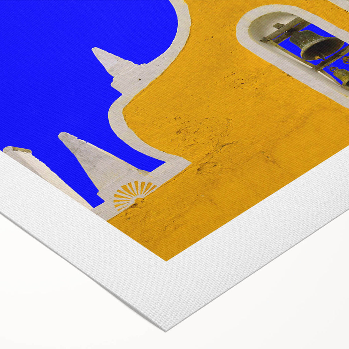 Art deco poster of Yucatán scenery on rolled canvas, featuring bright colors and geometric shapes.