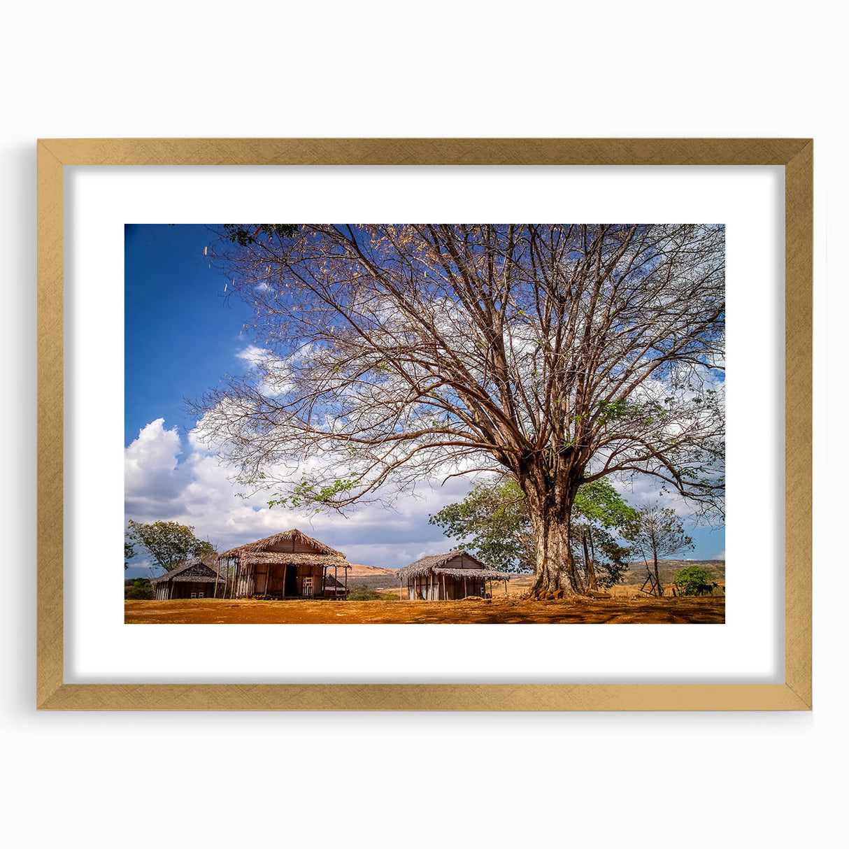 Textured art print of an abstract Madagascar scenery in gold frame, ideal for bedroom art.