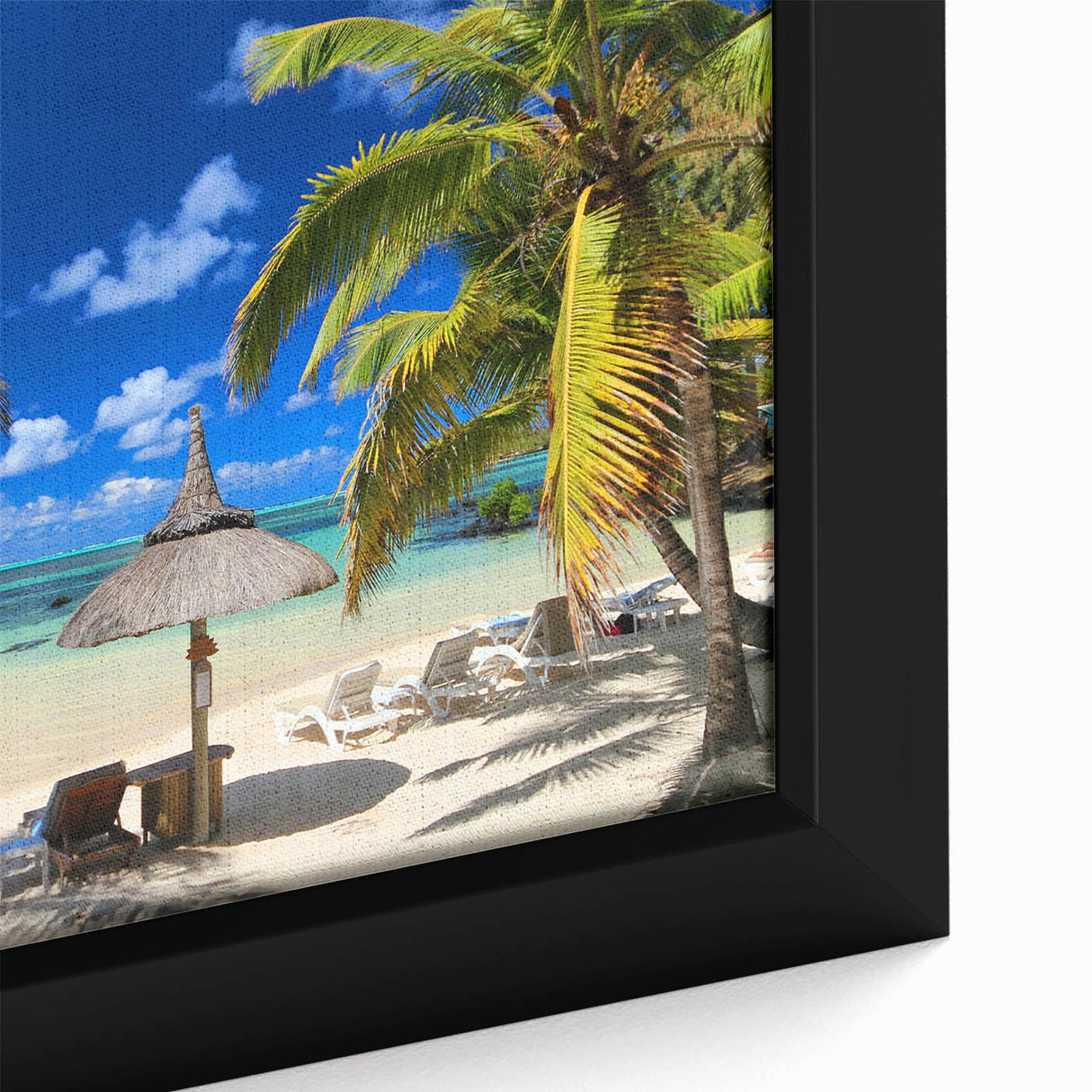 Extra large framed canvas featuring a textured depiction of a Mauritian landscape in vibrant colors.