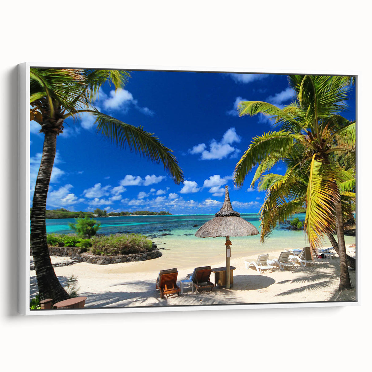Framed canvas of a Mauritius landscape with black and white vintage poster art, ideal for bedroom wall decor.