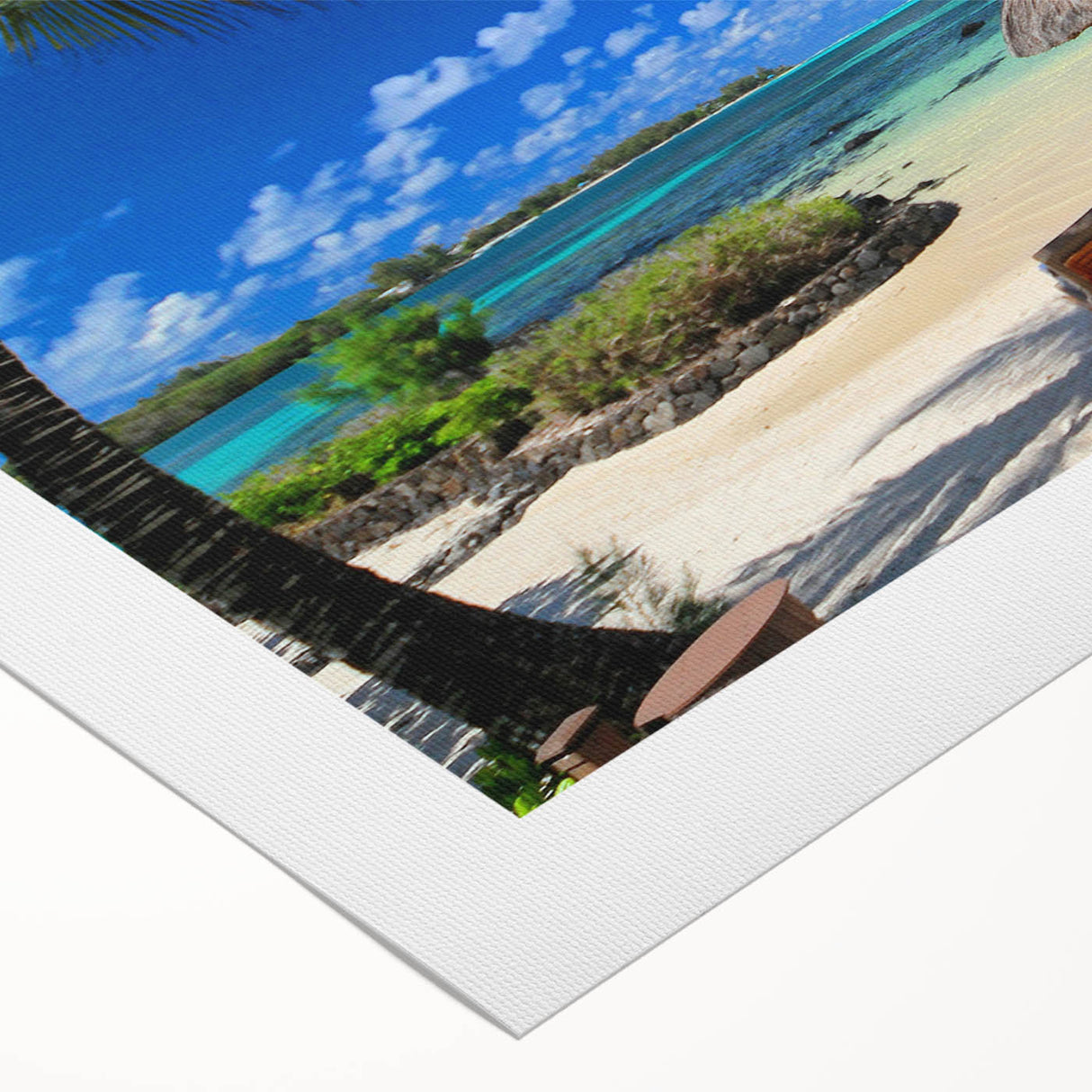 Art deco poster featuring a serene Mauritius landscape in soft blue and green tones on rolled canvas.