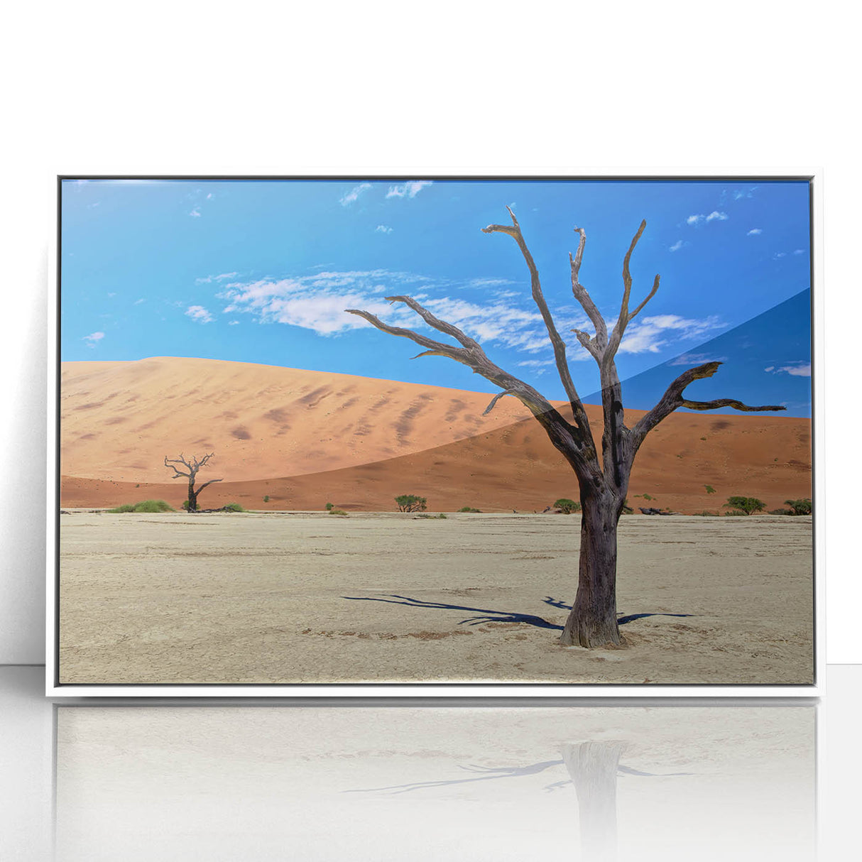 Large art print of a Namibian landscape in muted earth tones on a white framed acrylic, suitable for modern art wall decor.