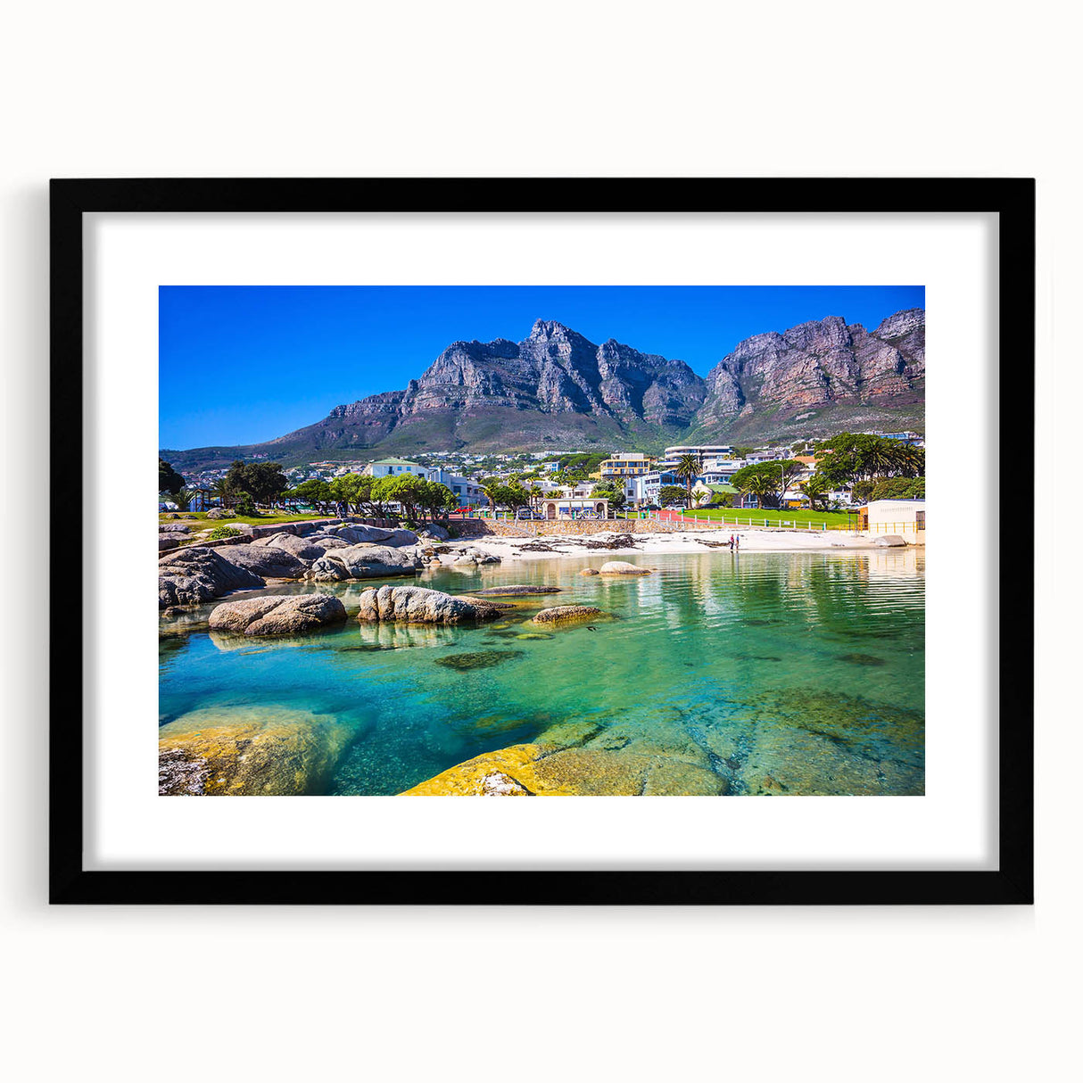 Extra large, textured abstract art print of an African scenery in vibrant colors on a framed black mat.