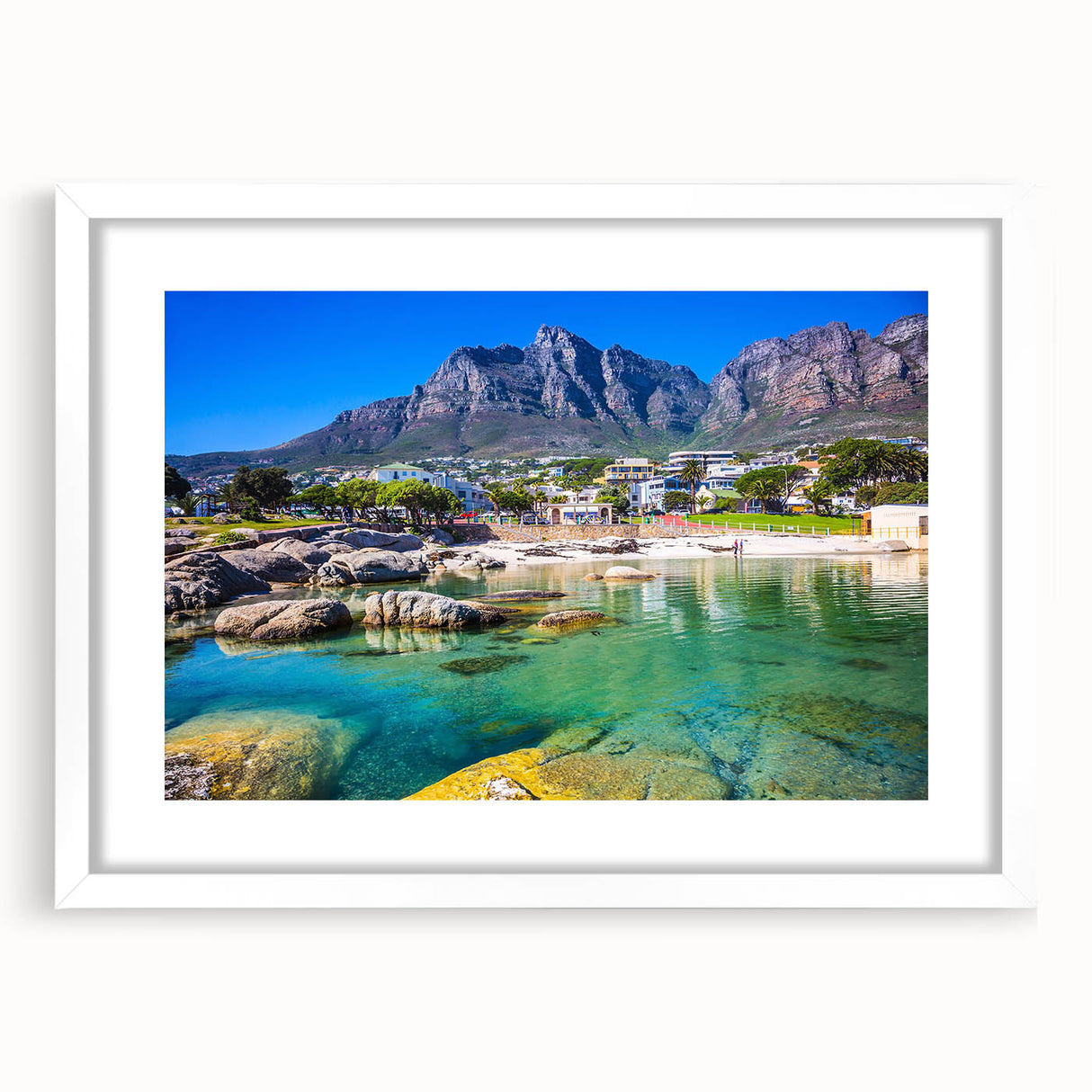 Abstract art print of a South African landscape in muted earth tones on a white framed canvas.