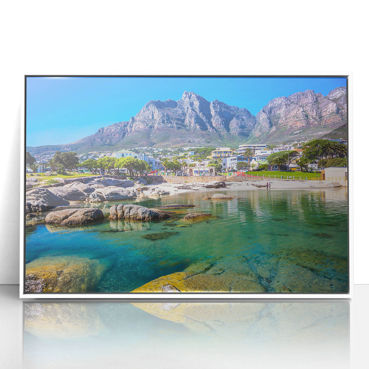 Acrylic print of a South African landscape in art deco style, featuring muted earth tones.