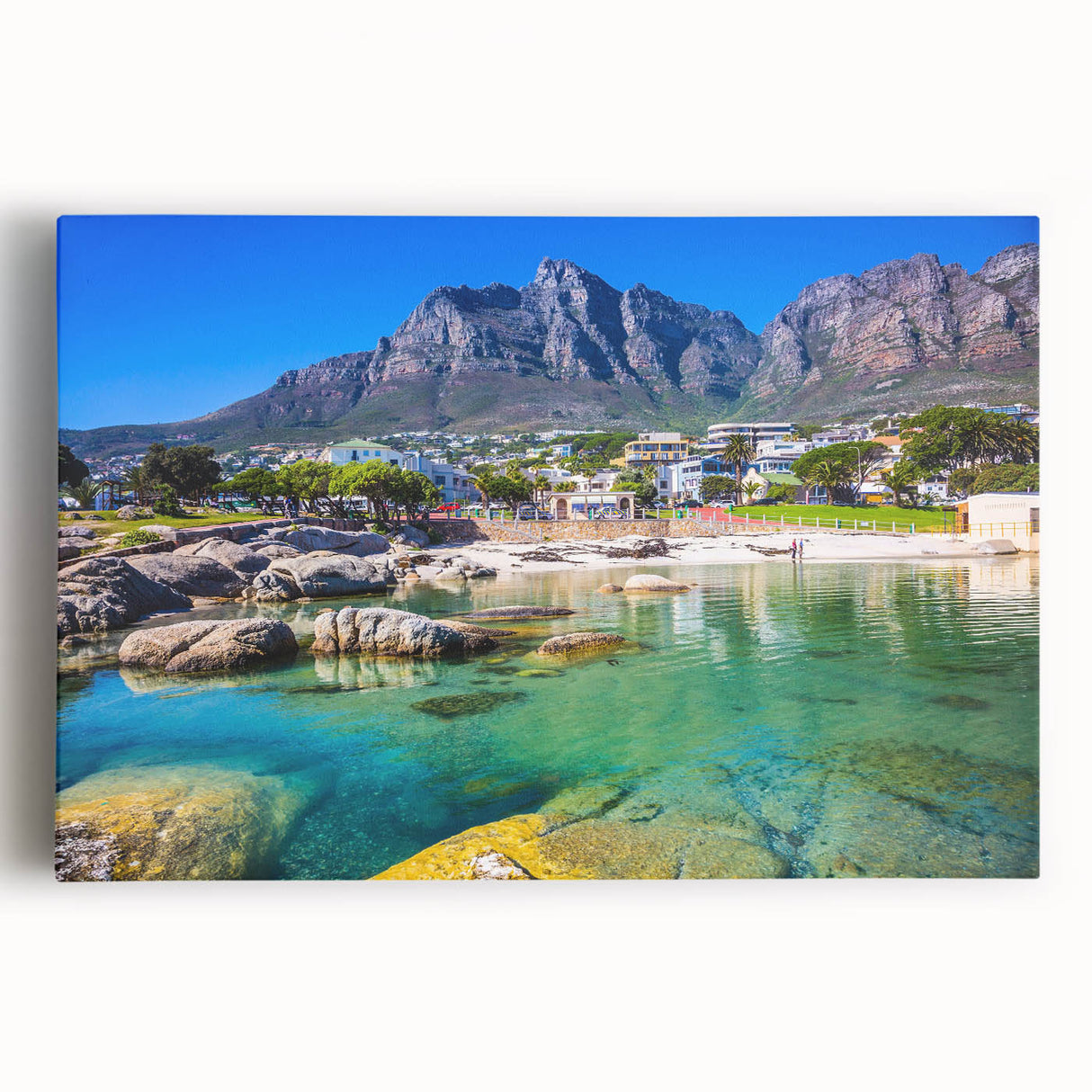 Monochrome African landscape on stretched canvas, ideal for kitchen wall art or bedroom ambiance.