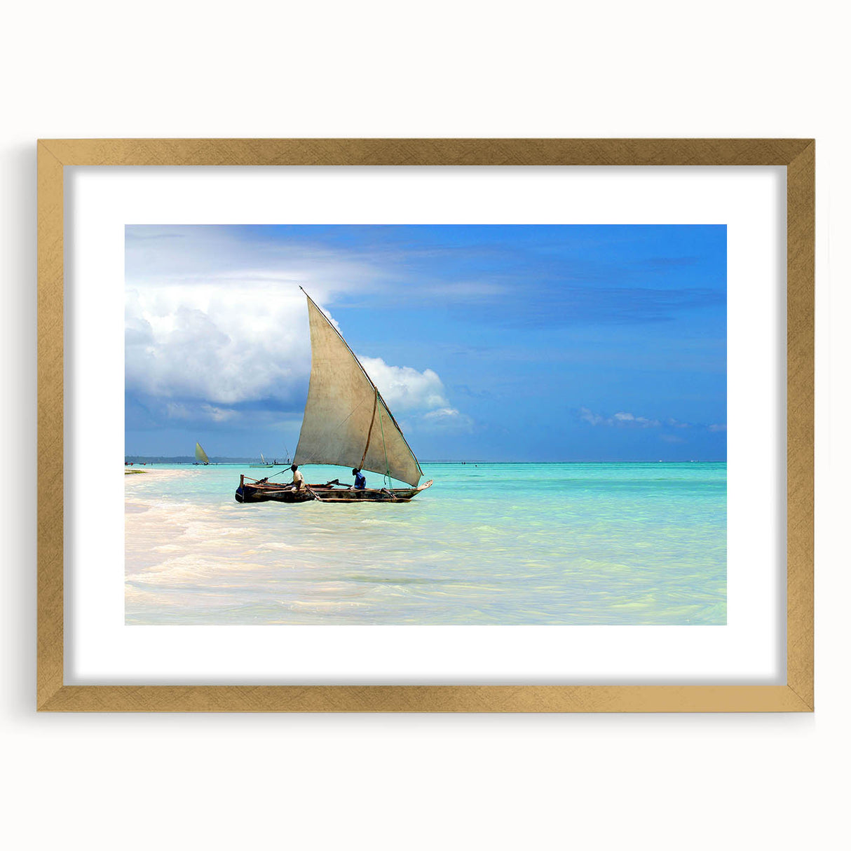 Extra large textured abstract art print of a Tanzanian landscape in muted earth tones, framed in gold.