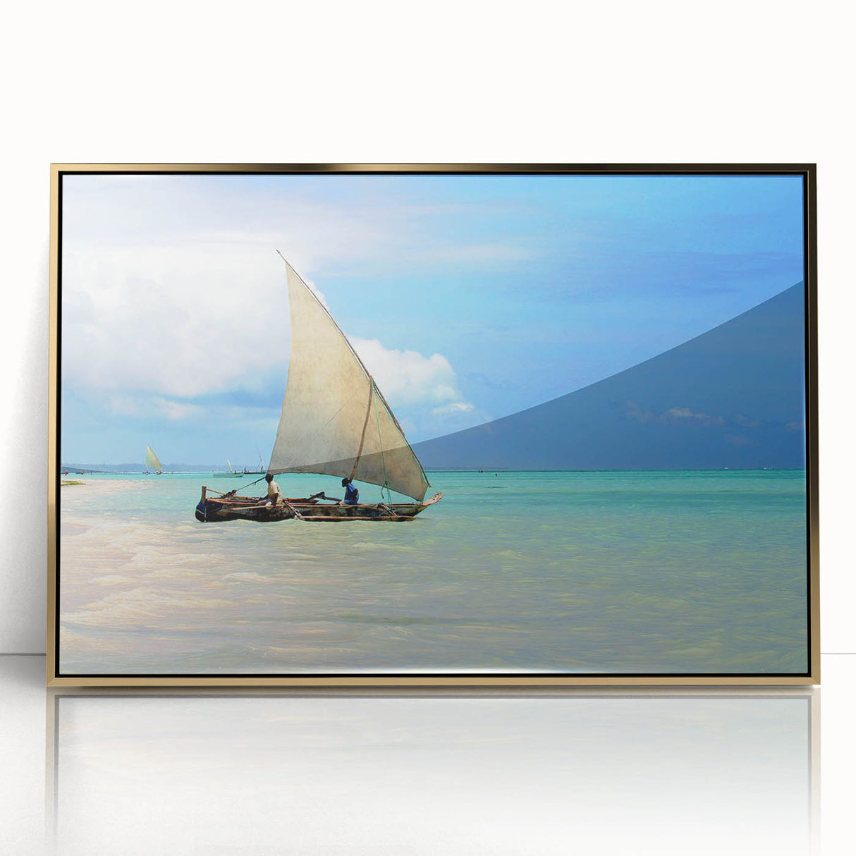 Acrylic print of a Tanzanian landscape, featuring muted earth tones, framed in gold, suitable for modern art wall decor.