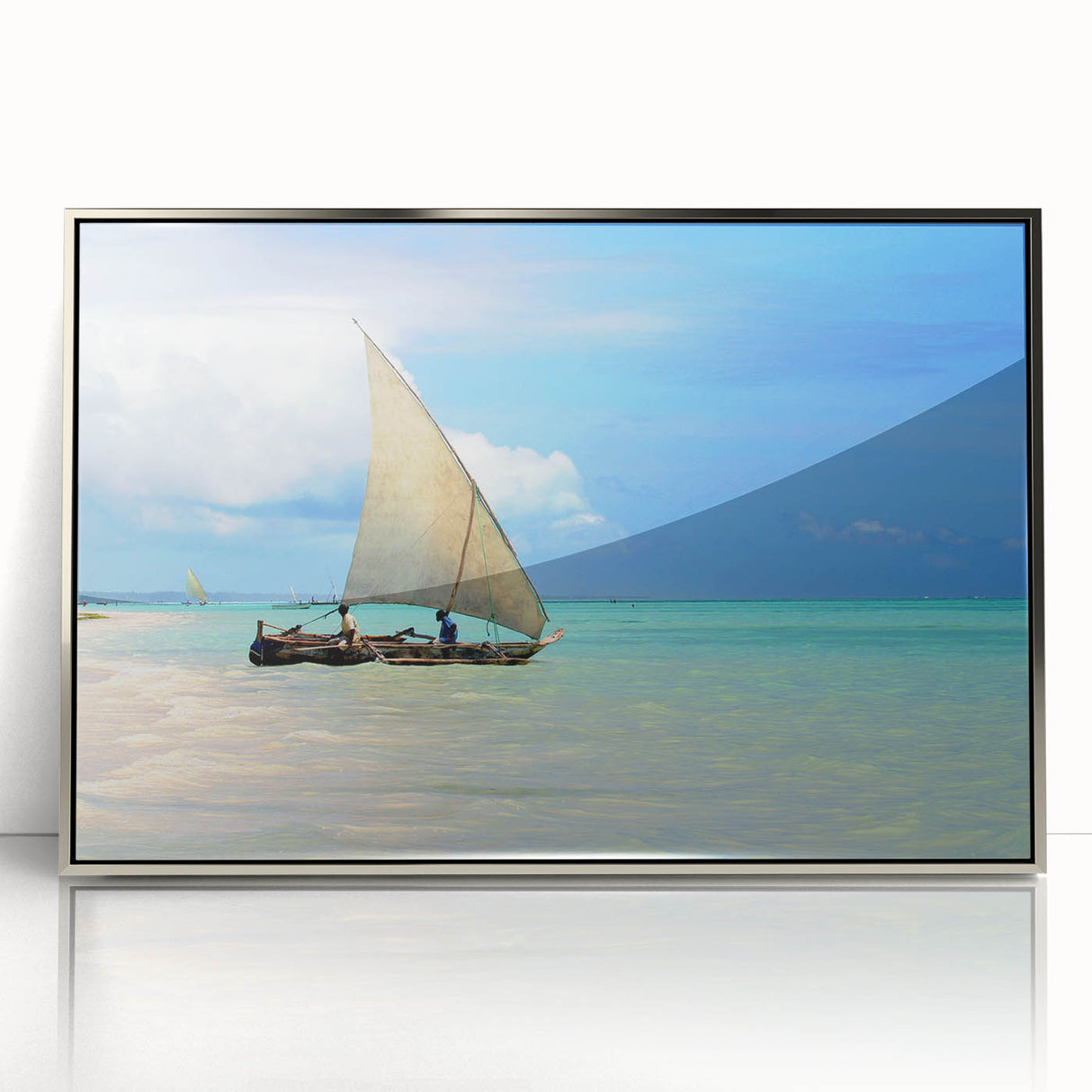 Mid-century modernist art depicting Tanzania scenery in muted earth tones on a silver-framed acrylic.