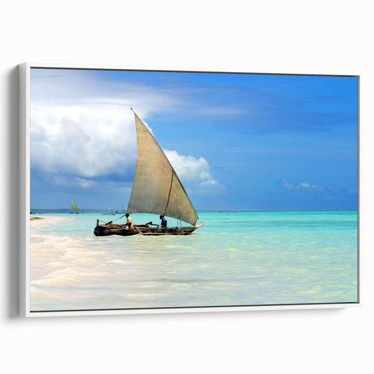 Vintage poster art of a Tanzanian landscape on framed canvas, featuring vibrant colors, ideal for living room decor.