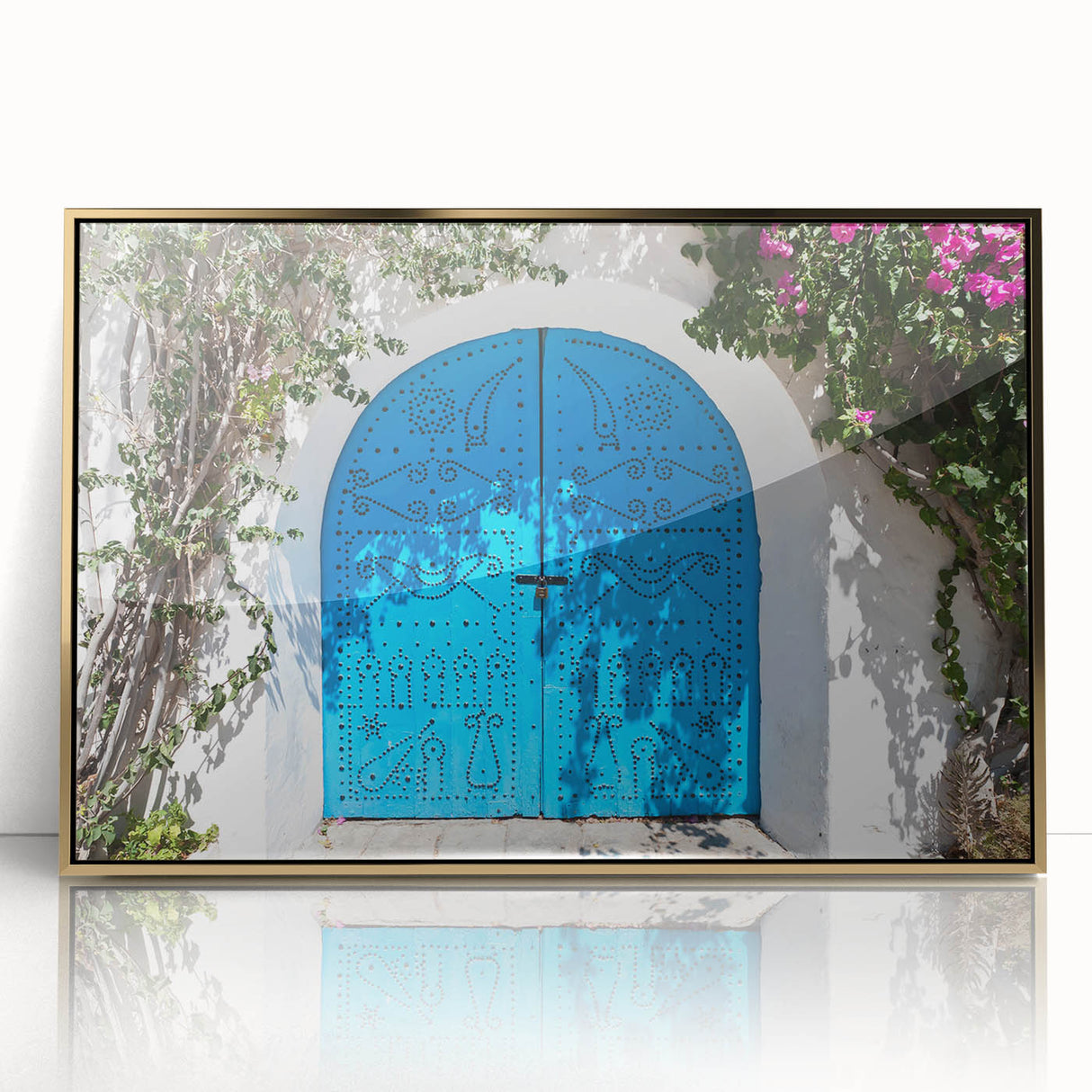 Large art print of a Tunisian landscape in gold tones on framed acrylic, suitable for modern art wall decor.