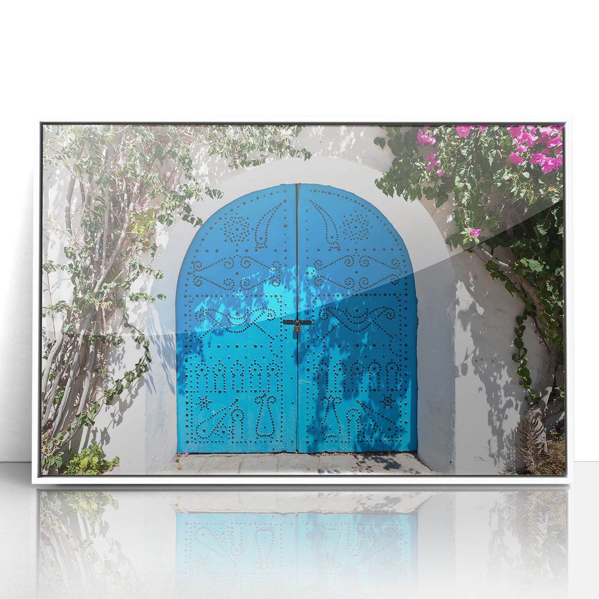 Acrylic print of Tunisian landscape in art deco style, with soft earth tones, ideal for modern nursery wall decor.