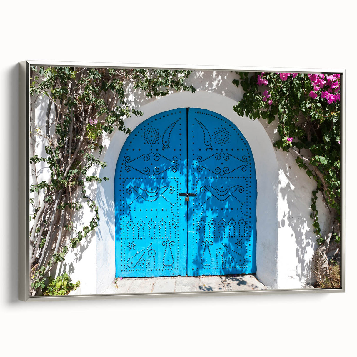 Landscape art painting of a Tunisian scenery in vibrant colors on a framed canvas, ideal for living room decor.