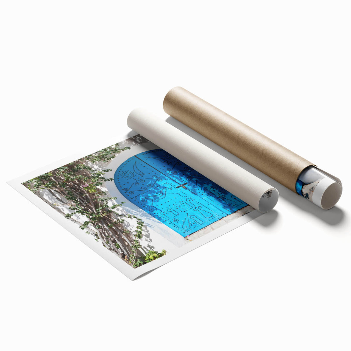 Rolled print of a Tunisian landscape with vibrant floral elements, suitable for large living room or bathroom wall art.