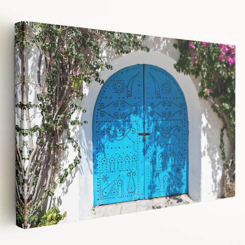 Large stretched canvas featuring a Tunisian landscape in earthy tones, ideal for kitchen wall art.