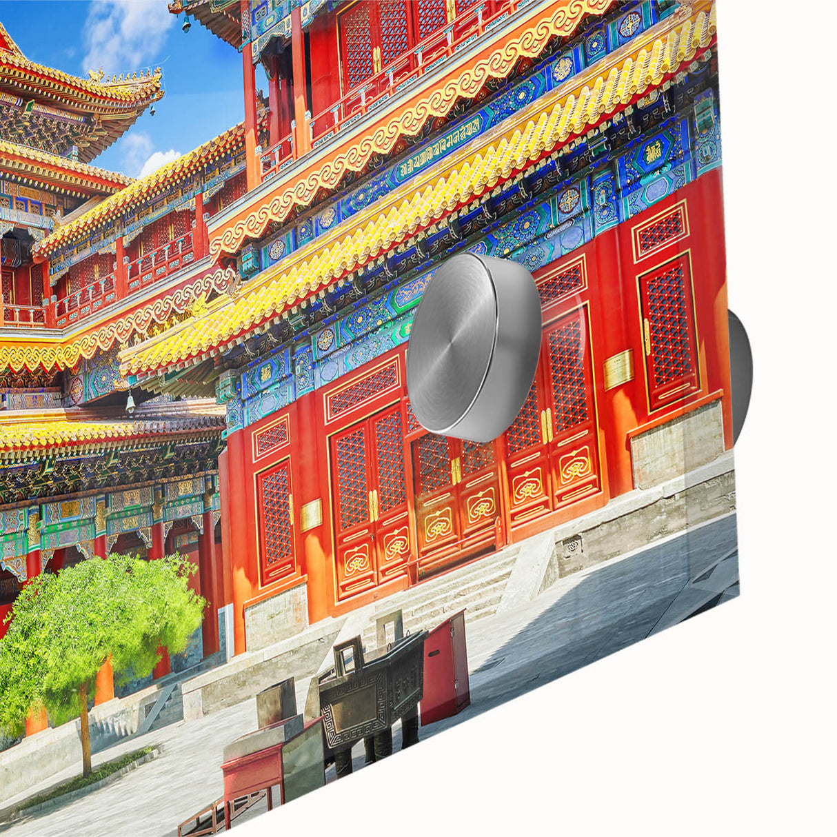 Large abstract wall art of Beijing's skyline in muted gray and blue tones on acrylic glass, ideal for dining room art.