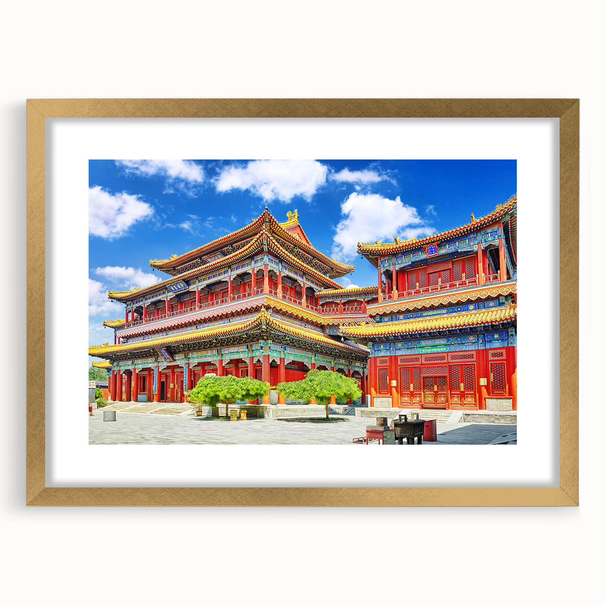 Extra large abstract art print of a textured Beijing scenery in gold frame, ideal for living room decor.