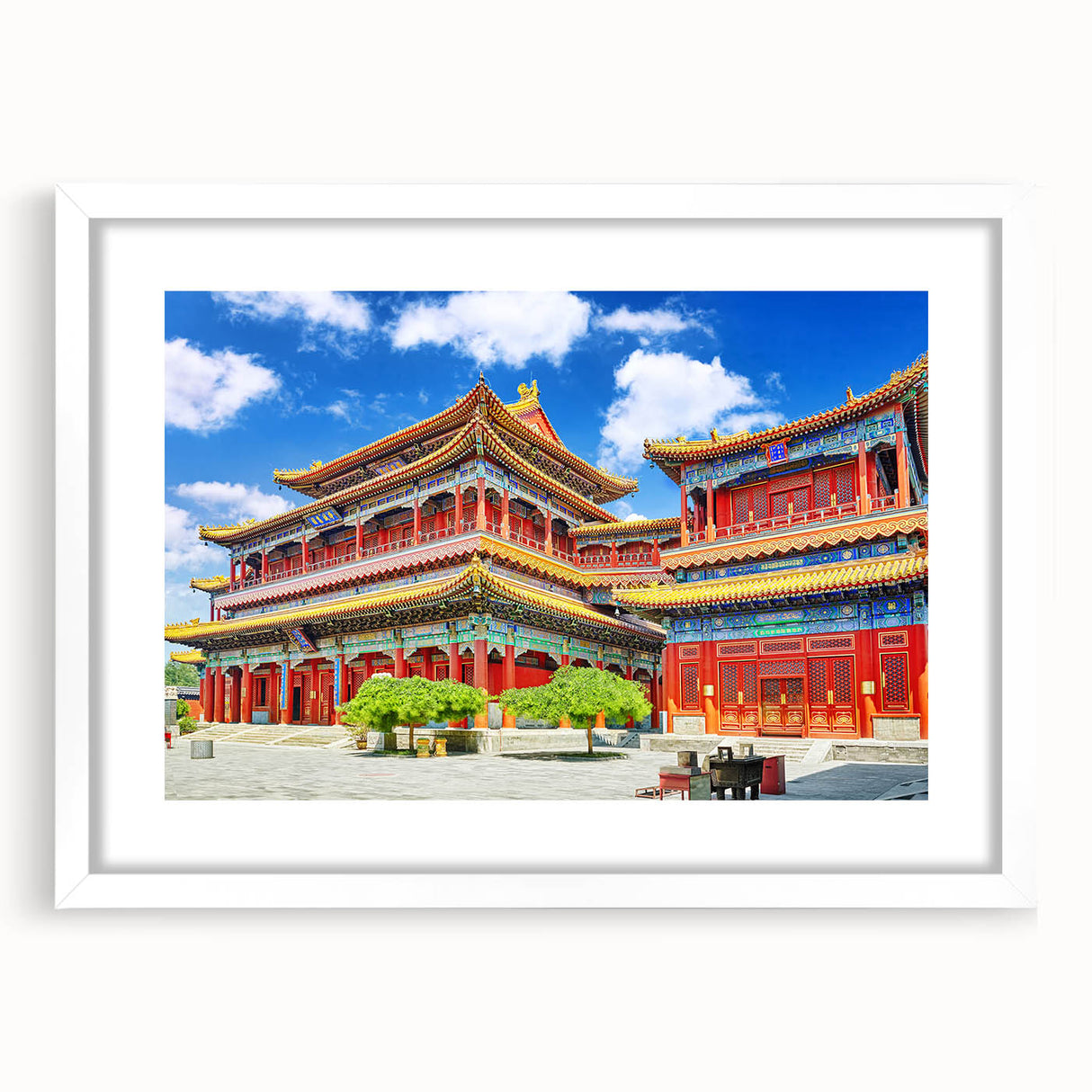 Abstract art print of Beijing scenery in muted gray and blue tones on a framed white mat.