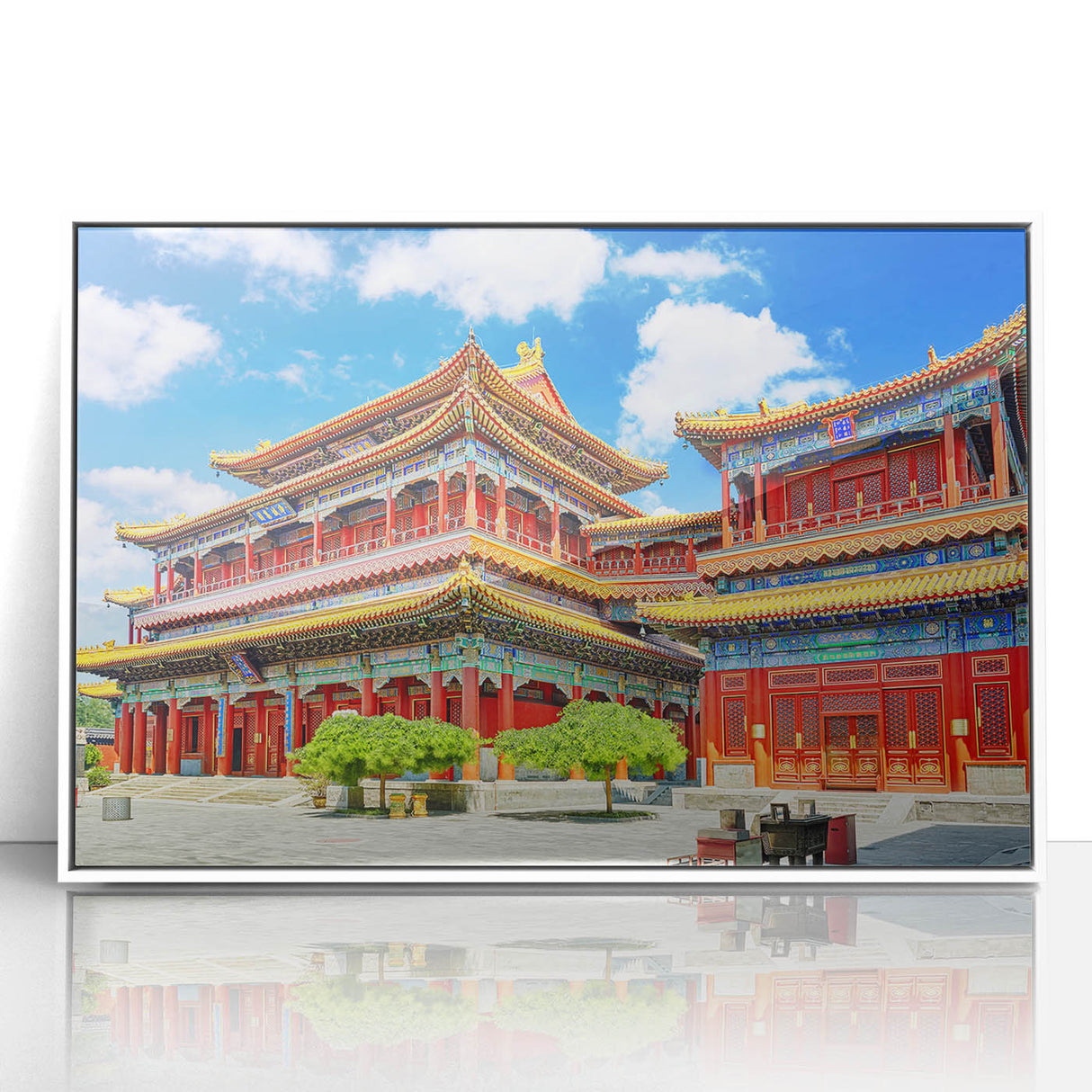 Acrylic print of Beijing skyline with muted gray and blue tones in art deco style, ideal for modern art wall decor.