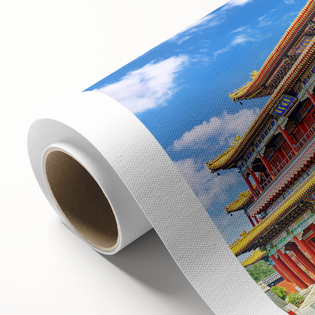 Art deco poster of Beijing skyline in muted gold and blue tones on rolled canvas, ideal for nursery wall art.