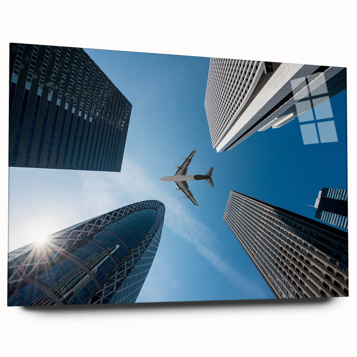 Large abstract depiction of Tokyo in muted gray and blue tones on acrylic glass, ideal for bedroom or dining room art.