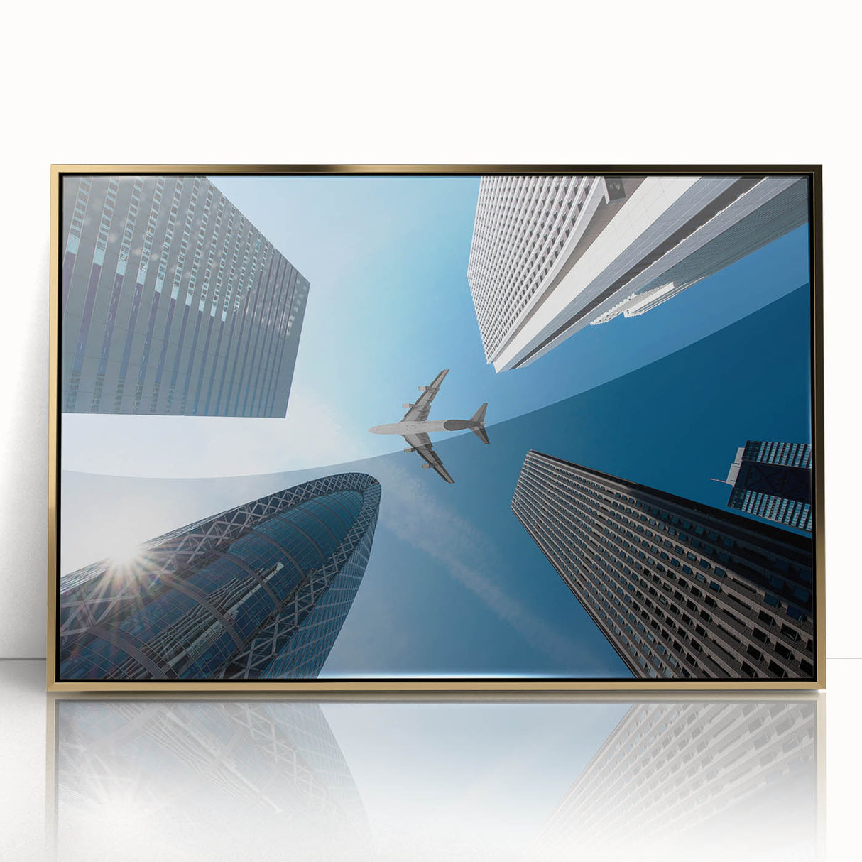 Framed acrylic print of Tokyo skyline with gold accents in a mid-century modernist style, suitable for modern art wall decor.