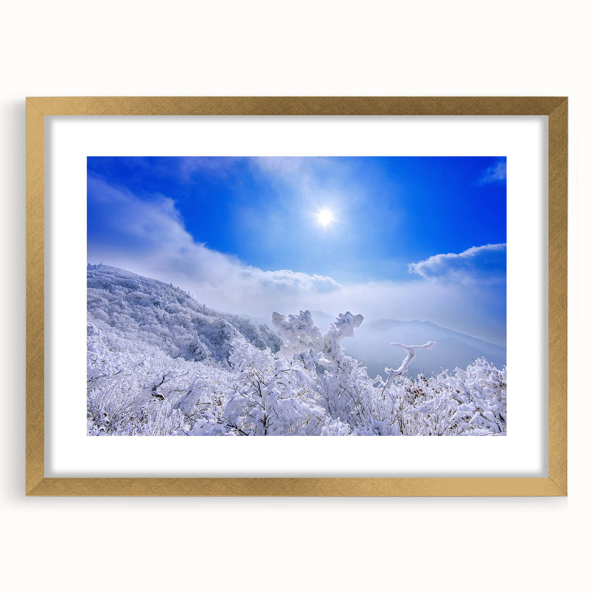 Extra large abstract art print of an Asian landscape in textured gold tones on a framed canvas, ideal for living room decor.