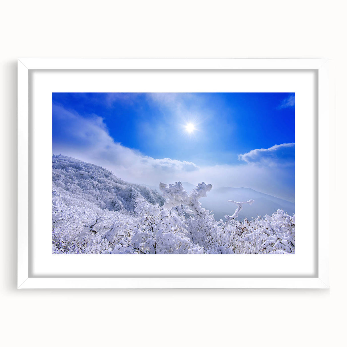 Abstract art print of a Korean landscape in muted earth tones on a white framed canvas.