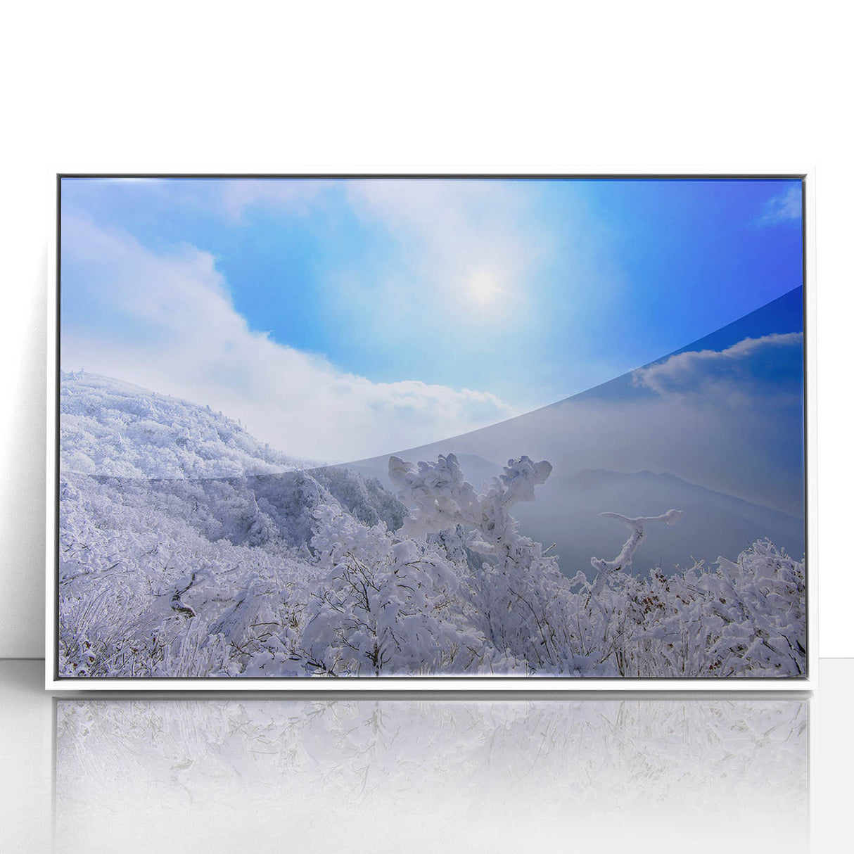 Art deco poster featuring a stylized Seoul skyline in muted blue and pink tones on a white framed acrylic.