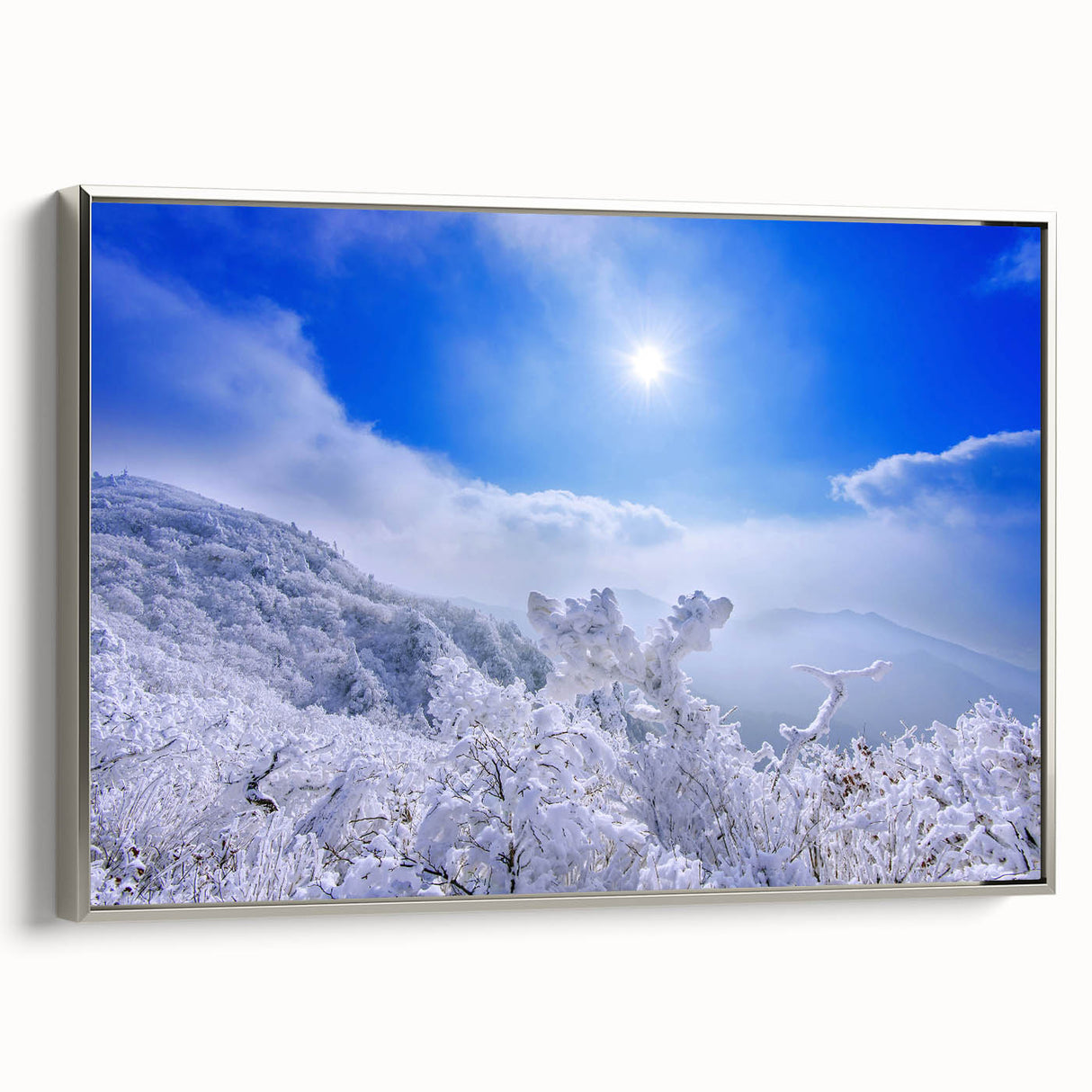 Framed canvas depicting a vintage-style Korean landscape with vibrant colors on a black background.