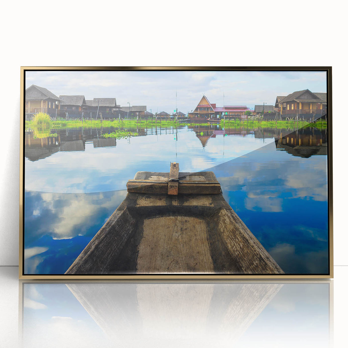 Large art print of a Myanmar landscape in muted gold and green hues on a framed acrylic, suitable for modern art wall decor.