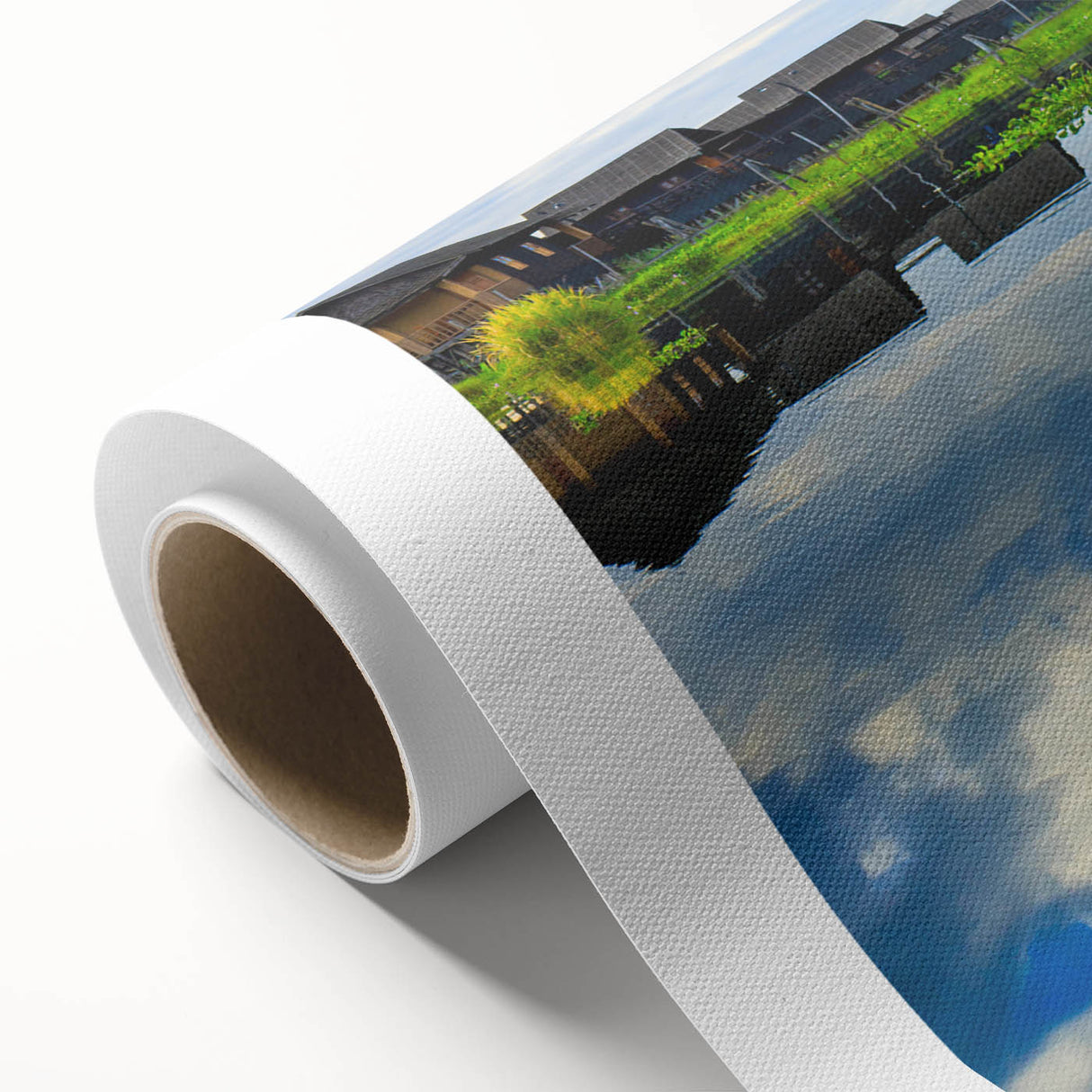 Art Deco style poster of a serene Myanmar landscape in soft pastel hues on rolled canvas, ideal for nursery wall art.