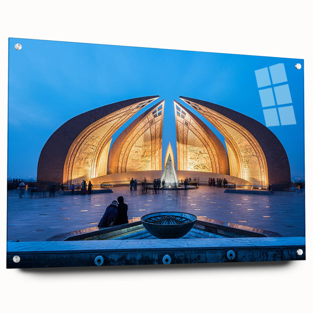 Acrylic glass print of a serene Pakistani landscape in muted greens and blues, suitable for bedroom or dining room decor.