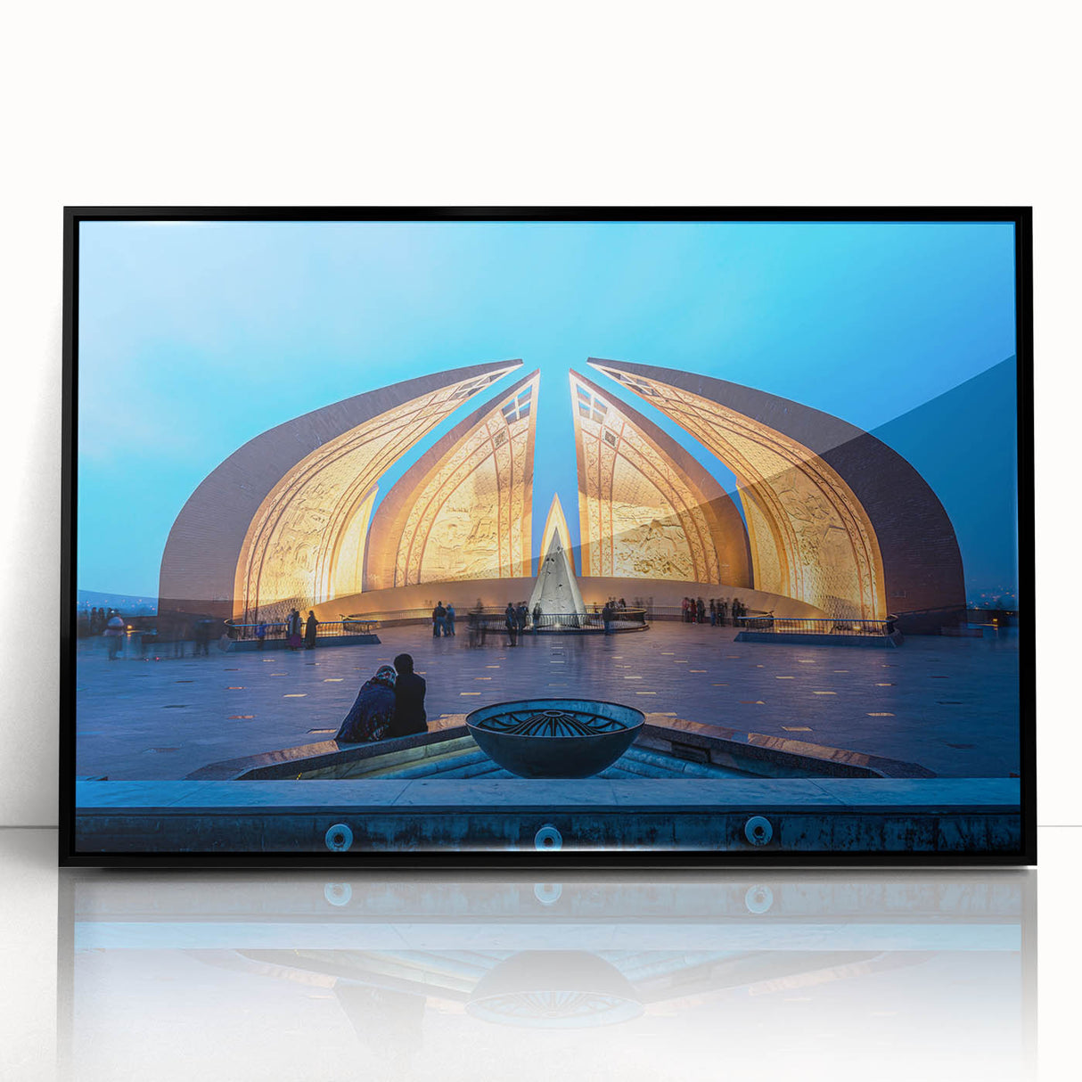 Large abstract wall art depicting a mid-century modernist scene in muted earth tones, framed in black acrylic.