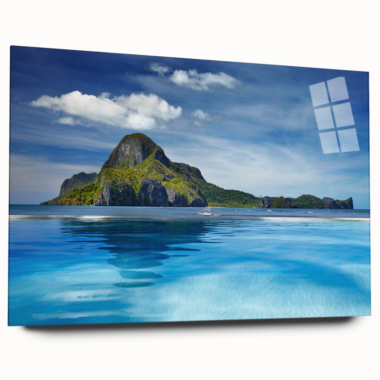 Large abstract wall art featuring a serene Philippine landscape in muted earth tones on acrylic glass.