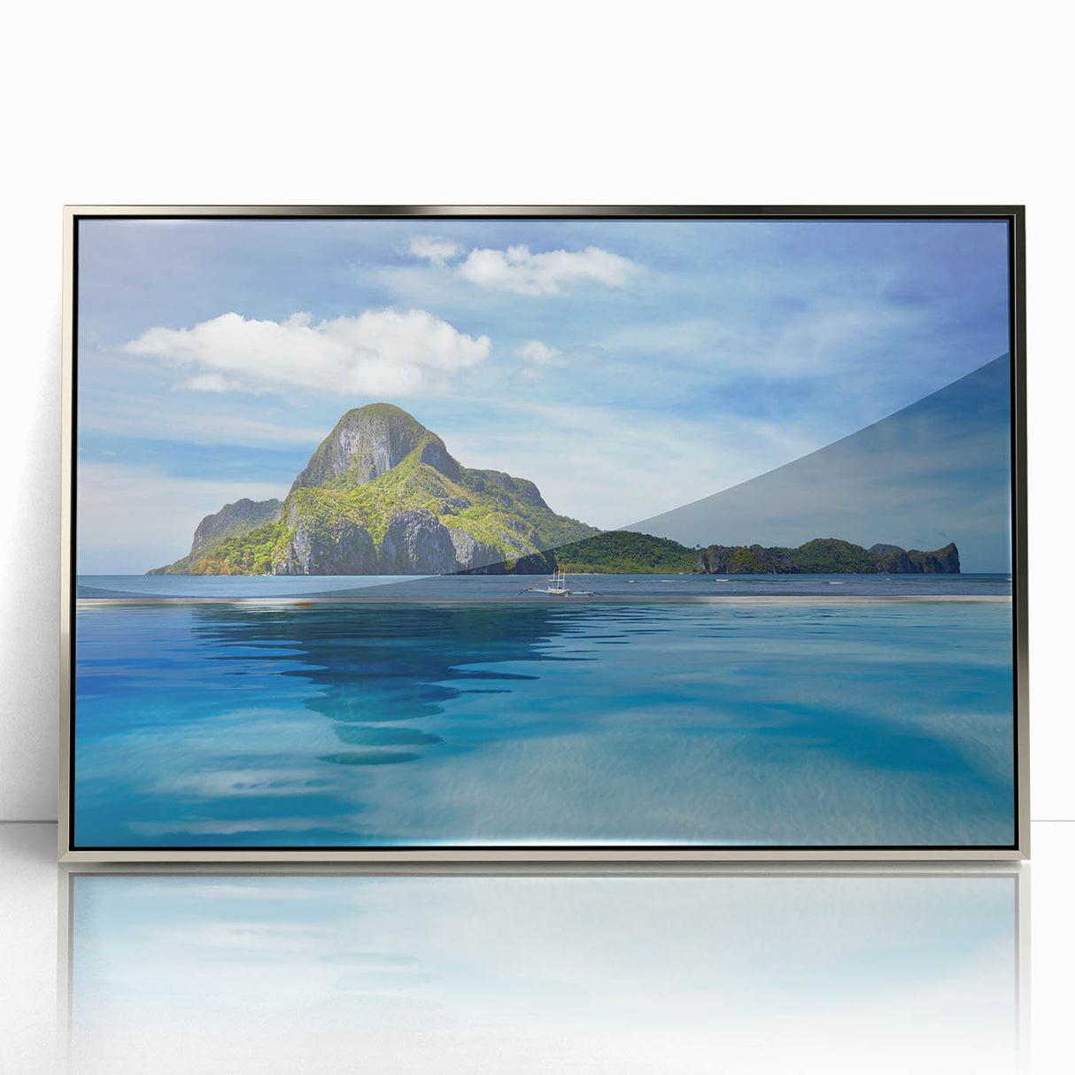 Mid-century modernist art depicting a serene Philippine landscape in muted earth tones, framed acrylic print.