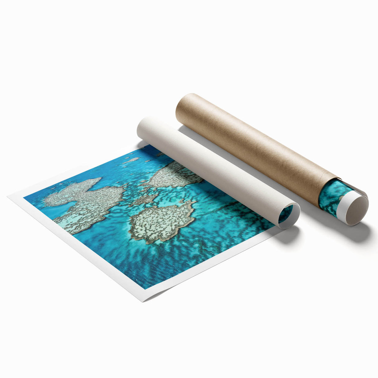 Extra large rolled print of the Great Barrier Reef in vibrant blue and green tones, ideal for classy bathroom wall art.