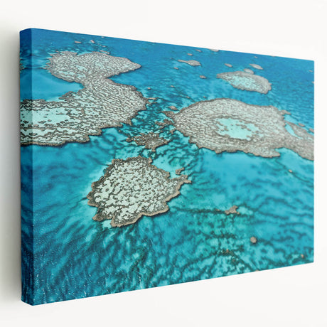 Great Barrier Reef scene on stretched canvas, showing vibrant blue and green tones, suitable for kitchen wall art.