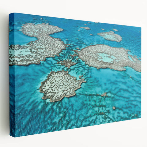 Great Barrier Reef scene on stretched canvas, showing vibrant blue and green tones, suitable for kitchen wall art.