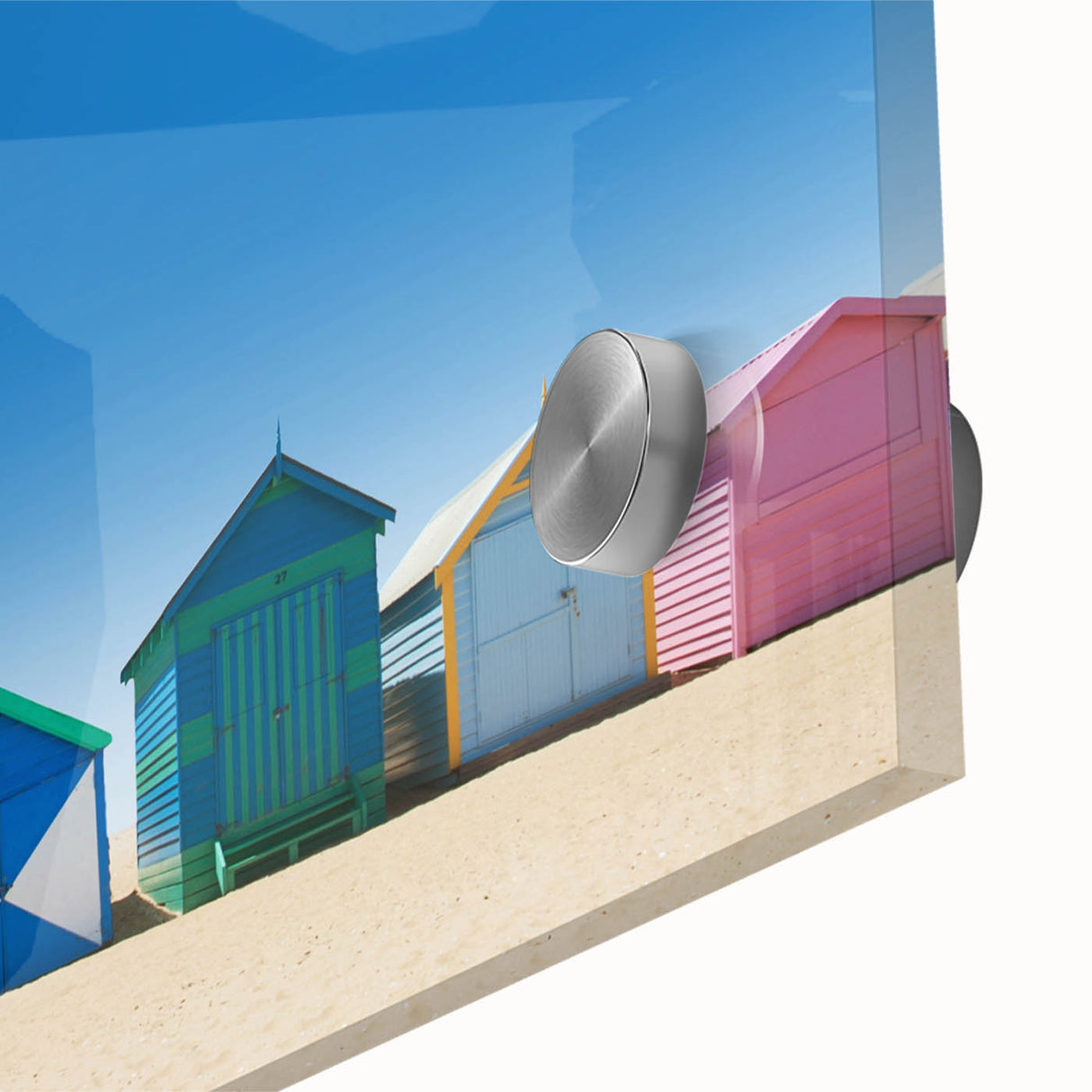 Large abstract depiction of the Melbourne skyline in muted blue and grey tones on acrylic glass, ideal for dining room art.