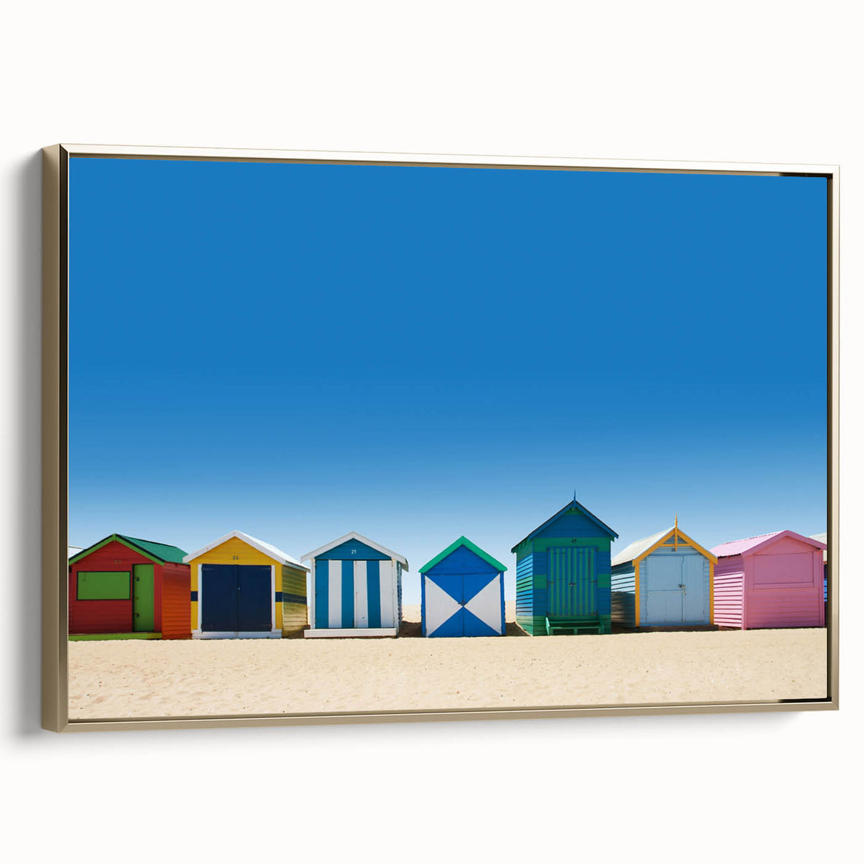 Framed canvas landscape art painting of Melbourne with vintage poster style in gold, black, and colorful hues.