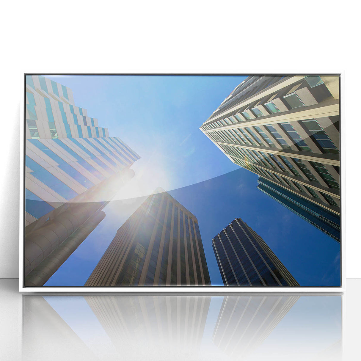 Large art print of Perth skyline in muted blue tones, framed in white acrylic, suitable for modern art wall decor.