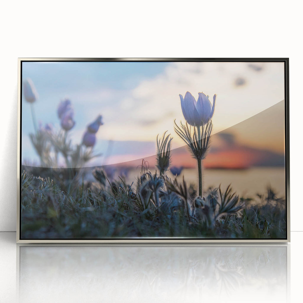 Mid-century modernist art depicting a serene Manitoba landscape in muted earth tones, framed in silver acrylic.