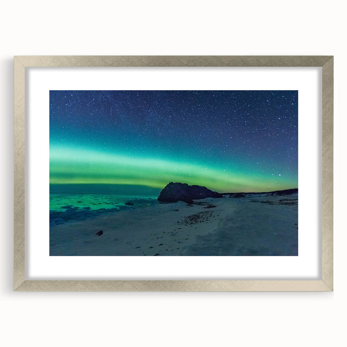 Textured abstract art print of a muted Newfoundland scenery in a silver frame, ideal for bedroom art.