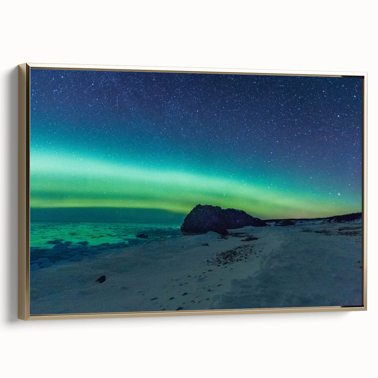 Framed canvas featuring a vintage-style landscape painting of Newfoundland, with muted earth tones.