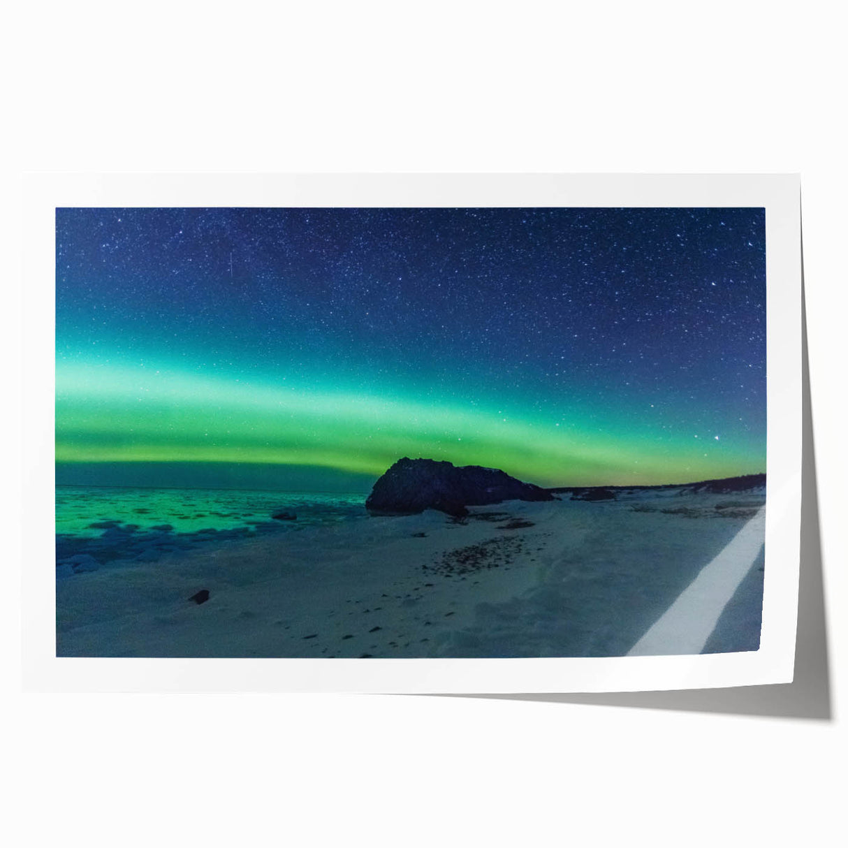 Rolled print of a Newfoundland landscape with muted green and blue tones, ideal for art wall dining room.